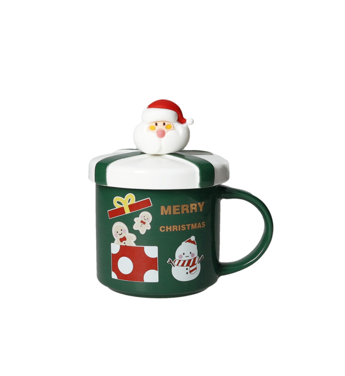 Cana cu capac si lingurita, Tree Xmas Green Gold, Brandani, 10x13.5 cm, portelan New Bone China - imagine 3